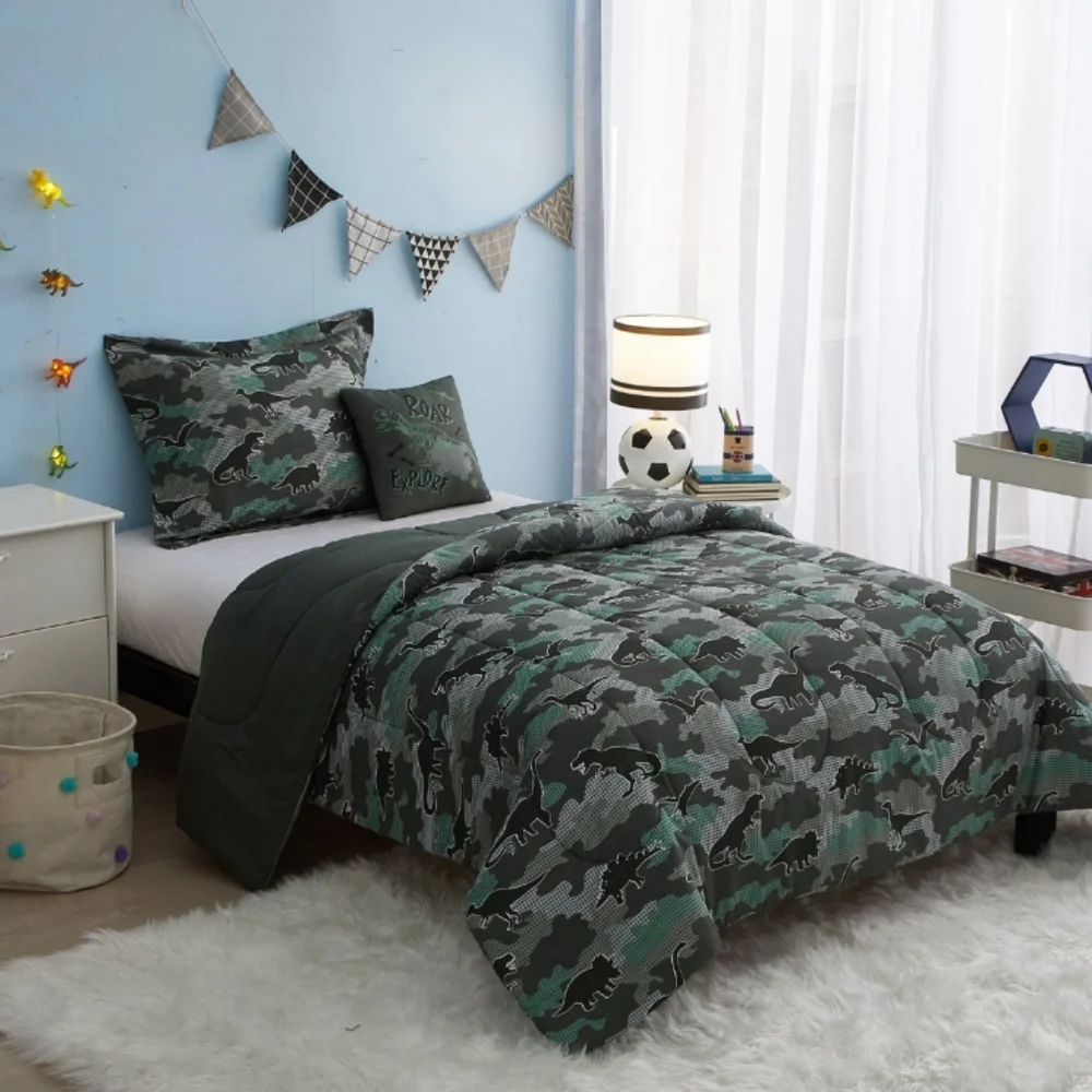 5Pc Dinosaur Glow in the Dark Comforter Set Bedding w/String Lights Blanket Camo
